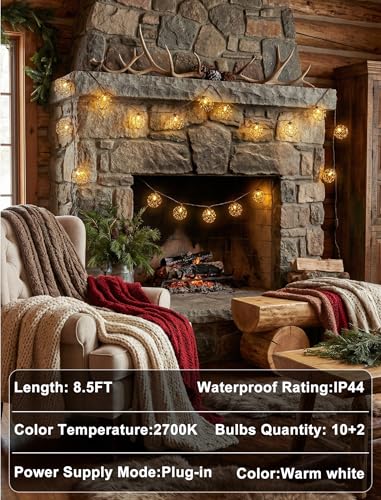 Oviejo 8.5FT LED Patio String Lights, Waterproof Outdoor Lantern String Lights with 12 Bulbs, Beaded Copper Wire Ball Style, Connectable Yard Garden Bistro Party Lights, Warm White