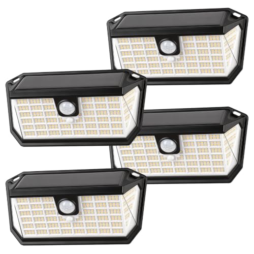 Brightever Solar Motion Sensor Outdoor Lights, 4000LM 344 LEDs Solar Outdoor Lights, IP65 Waterproof Exterior Flood Security Lights with 270° Wide Angle & 3 Modes for Patio Garage, 4-Pack Black