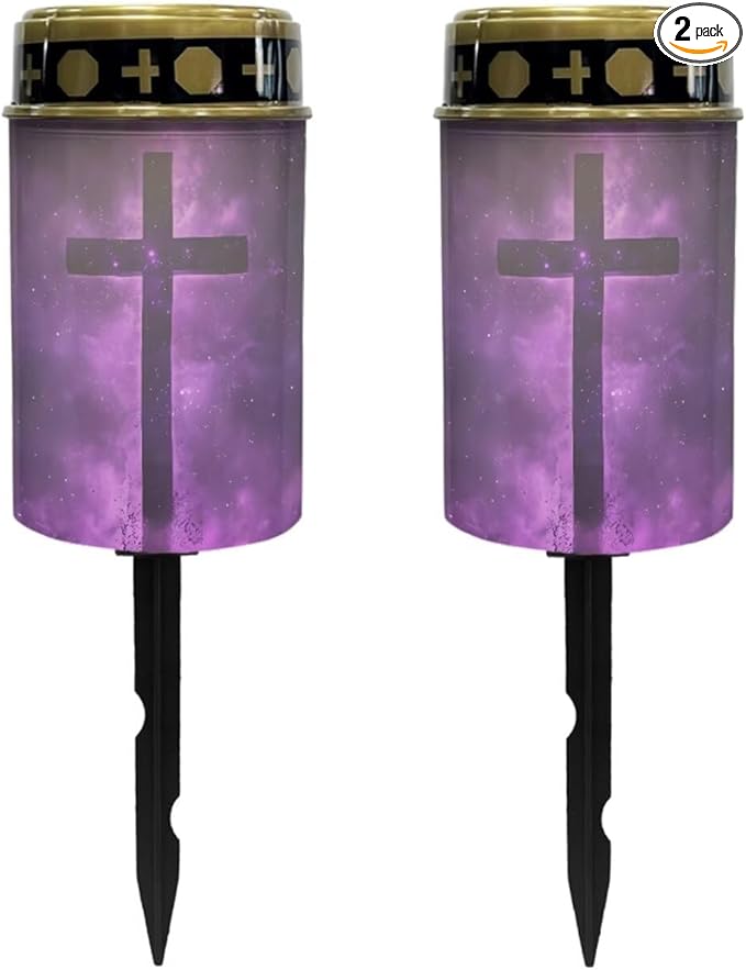 Poceacles Cross Solar Lights Pack of 2 Waterproof Solar Garden Lights Cemetery Solar Outdoor Lights Outdoor Stake Automatic Solar Lantern for Cemetery Grave Decoration, Cross Galaxy Violet