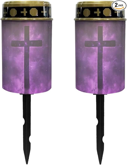 Poceacles Cross Solar Lights Pack of 2 Waterproof Solar Garden Lights Cemetery Solar Outdoor Lights Outdoor Stake Automatic Solar Lantern for Cemetery Grave Decoration, Cross Galaxy Violet