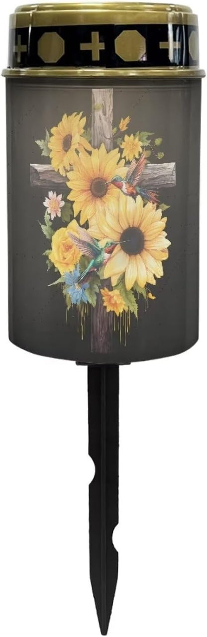 Poceacles Cross Outdoor Solar Lights Waterproof Outdoor Lights Solar Powered Solar Lantern Light Blessed Candles Cemetery Lights Outdoor Stake for Eternal Decorative, Sunflower Hummingbird Cross
