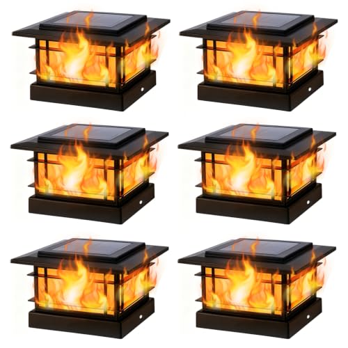 4x4 Solar Post Cap Lights Outdoor with Flickering Flame Light, 6 Pack Black Shell Fence Post Solar Lights Fit 4x4 Vinyl/Wooden Posts, Brightness LED Lighting Decor for Garden Deck Patio