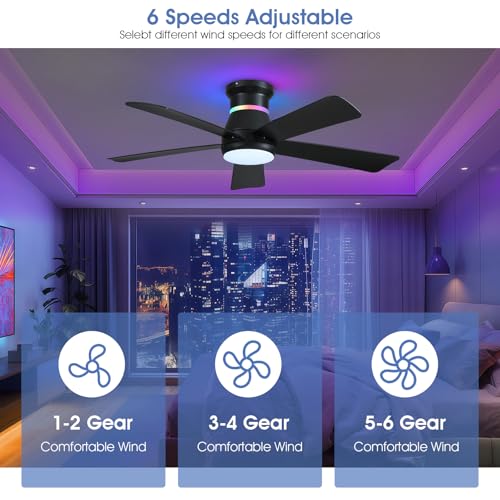 Surtime 46" Black Ceiling Fans with RGB Lights - Flush Mount Ceiling Fan Light with LED 3CCT Dimmable, Modern Low Profile Ceiling Fans for Indoor Party,Covered Outdoor