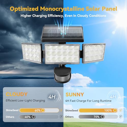 Solar Lights Outdoor, 3500LM 168 LED Motion Sensor Solar Flood Lights, 3 Heads 300° Wide Angle, 3 Modes IP65 Waterproof Solar Security Lights for Yard Garden Patio, 1 Pack (Black)