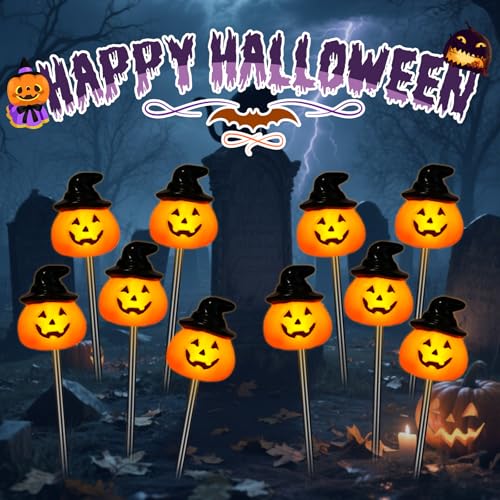 BRIGHTDECK Halloween Pumpkin Stake Lights, Set of 10 Solar Pumpkin Lights, Waterproof Halloween Decorations for Outdoor Garden and Yard (Hat Pumpkin)