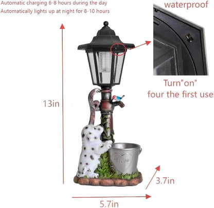 Solar Dalmatian Dog Garden Statue with Light-13 inches - Outdoor Waterproof decor with automatic lighting，perfect for Lawn,Patio, Yard-with Bucket & Bird Figurine for Dog Lovers, Mom, Grandma
