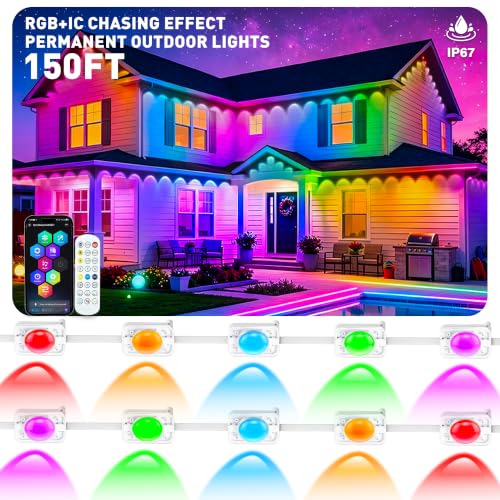 150FT Permanent Outdoor Lights, Smart RGB+IC Eaves Lights for House, App & Remote Control, LED Roofline Lights, Waterproof Exterior House Lights for Year-Round Christmas & Holiday Lighting