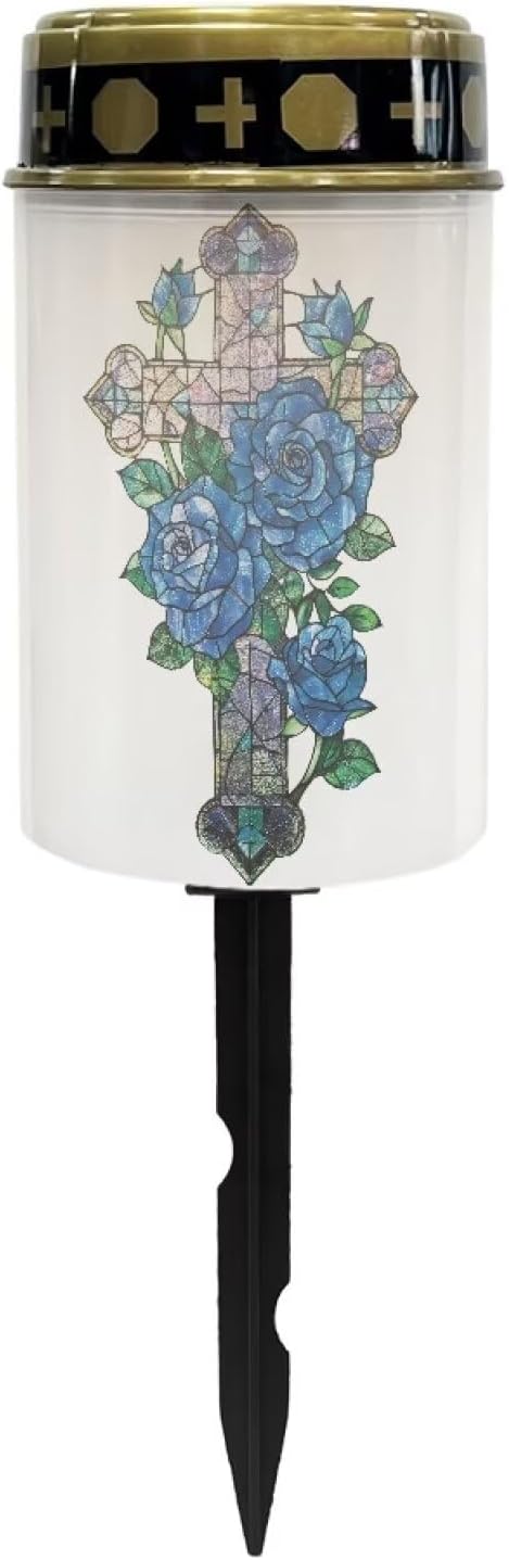 Cross Blue Rose Solar Garden Lights Solar Decorative Lights, Waterproof Solar Outdoor Lights,Solar Stake Lights for Cemetery Grave Garden Patio Yard Lawn Decoration