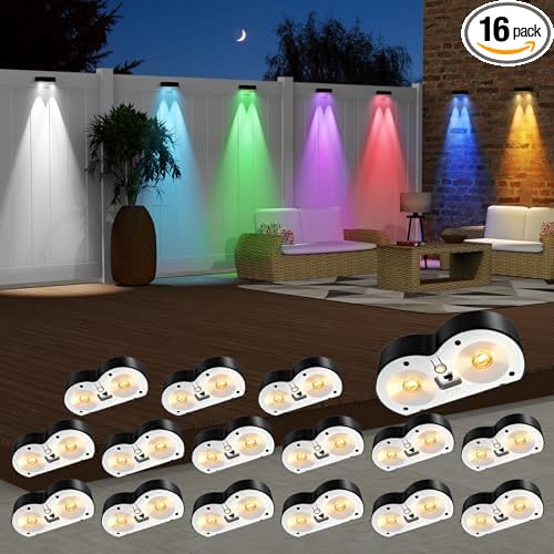 Solar Fence Lights Outdoor,10 Colors & RGB Changing Solar Lights for Fence,Ip65 Waterproof Outdoor Lights for Pool, Deck, Patio,Porch,Stairs,Holiday（16P）
