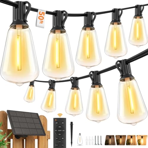 Hotsonic Solar Outdoor String Lights Waterproof, 50FT Remote Control LED Outside Lights with Shatterproof Bulbs, Dimmable Hanging Lights for Patio Porch Garden pergola Yard House Bistro Party decors