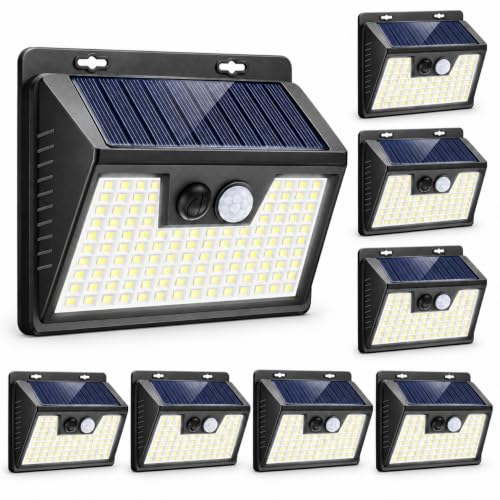 Solar Powered Lights Outdoor, 140 LED 8Pack Motion Sensor Light Outside, IP65 Waterproof Fence Security Lighting with 3 Modes for Yard Wall Garden Cool White