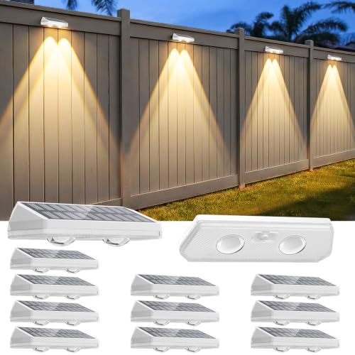 Solar Fence Lights Outdoor ,3000/4500/6000K 13 Mode, 12 Pack Fence Lights Solar Powered with Ultra-Bright Lens IP65 Waterproof,Solar Wall Light for Backyard/Step/Patio/Deck/Stair/Railings(White)
