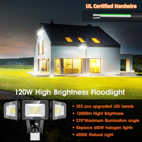 120W LED Flood Lights Outdoor with Motion Sensor, 12000LM 4500K Daylight, IP66 Waterproof Dusk to Dawn Outdoor Security Lights for Garage, Yard, Outside