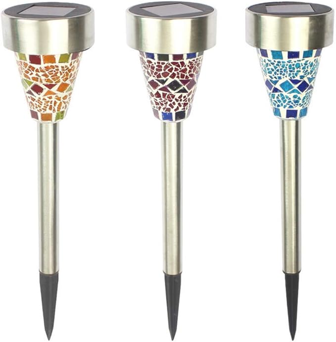 Solar Lights 3 Pack,Solar Garden Lights Solar Path Lights Stainless Steel Solar Glass Mosaic Stake Light for Garden Path Lawn Outdoor Patio Driveway