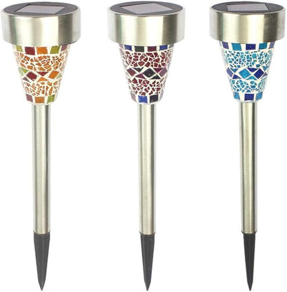 Solar Lights 3 Pack,Solar Garden Lights Solar Path Lights Stainless Steel Solar Glass Mosaic Stake Light for Garden Path Lawn Outdoor Patio Driveway
