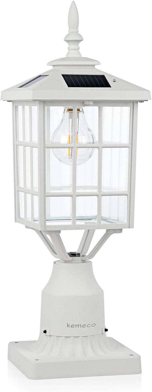 Kemeco ST4224Q-W Solar Post Light Outdoor Led Squared Frame Fixture with 3" Pier Mount Base for Garden Street Pole Landscape Yard Driveway Entryways (White)