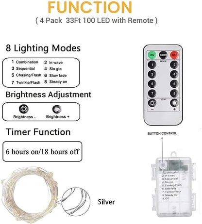 6 Pack 100 LED Fairy Lights Battery Operated with Remote, 33FT Waterproof Twinkle Lights with Timer & 8 Modes, Fairy String Light Outdoor Indoor for Bedroom Classroom DIY Christmas Decor (Cool White)