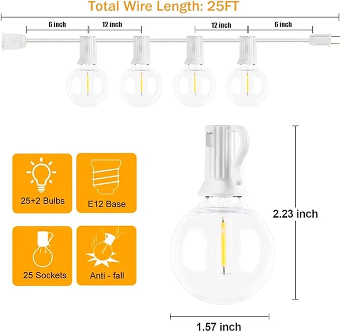 25Ft LED String Lights with 27 Shatterproof LED Clear Globe Bulbs, Indoor&Outdoor String Lights for Patio, Garden, Backyard, Bistro, Pergola, Tents, Gazebo Decor, White Wire