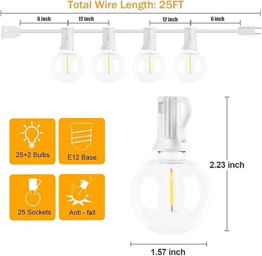25Ft LED String Lights with 27 Shatterproof LED Clear Globe Bulbs, Indoor&Outdoor String Lights for Patio, Garden, Backyard, Bistro, Pergola, Tents, Gazebo Decor, White Wire