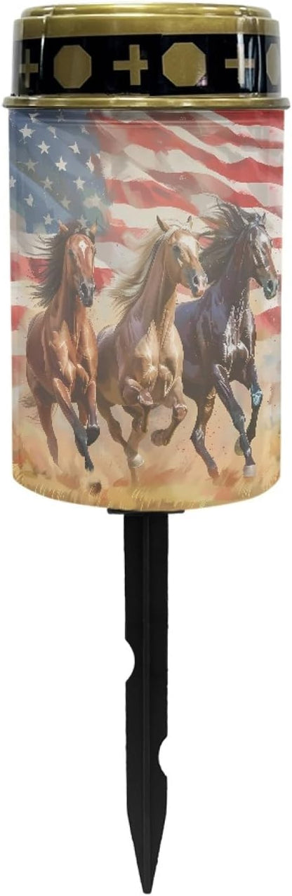 US Flag Horse Solar Lights Outdoor Garden Lights Waterproof Horse Pathway Lights Solar Powered Lantern Landscape Lighting LED Lantern for Outside Yard Patio