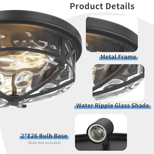 Darkaway 15inch Ceiling Light Fixtures Large Flush Mount Light Fixtures with Water Ripple Glass Shade, Indoor Outdoor Ceiling Light for Kitchen Bathroom Bedroom Hallway Entry Porch