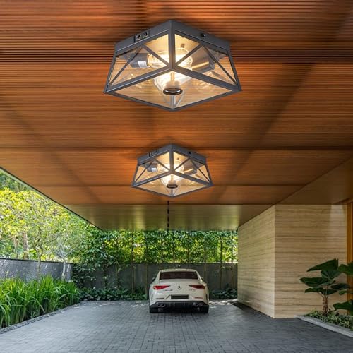 Tarentlight Adjustable Outdoor Motion Sensor Ceiling Light,10" Modern Industrial Design of Squares Flush Mount 2-Light with Clear Glass for Your Porch,Garage,Patio,Hallway,Entryway