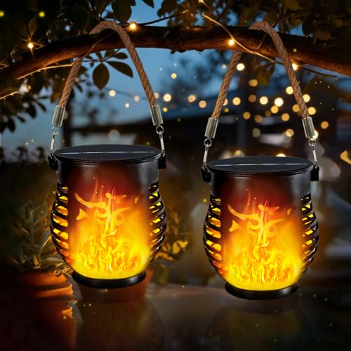 2 Pack Solar Lanterns Outdoor Waterproof Halloween Flickering Flame Lights