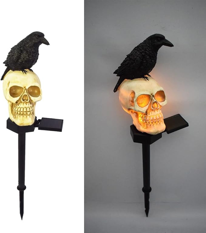 2 Packs of LED Solar Crow Skull Lights, Halloween Outdoor Atmosphere Decoration lamp, and Cute Resin Crow Skull Courtyard Landscape Lights.