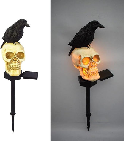 2 Packs of LED Solar Crow Skull Lights, Halloween Outdoor Atmosphere Decoration lamp, and Cute Resin Crow Skull Courtyard Landscape Lights.