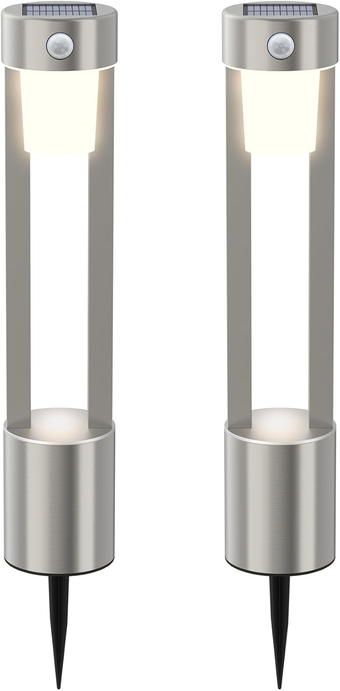 Solar Bollard Lights Outdoor Stainless Steel Pathlight Security Light Motion-Sensor Security Light Metal 2Pack