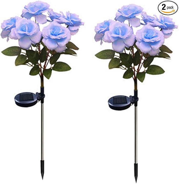 Aolyty Solar Garden Lights, 2 Pack Solar Rose Lights with 14 Rose Flowers, IP65 Waterproof LED Landscape Light Warm Light for Garden Patio Yard Pathway Valentines Day Outdoor Decorative (Blue)