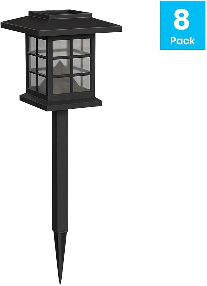 Flash Furniture Halsey Lantern Style LED Solar Lights - All-Weather Black Outdoor Solar Powered Lights - Landscape Lighting for Pathway, Garden, & Yard, 4x4x16, 8 Pack