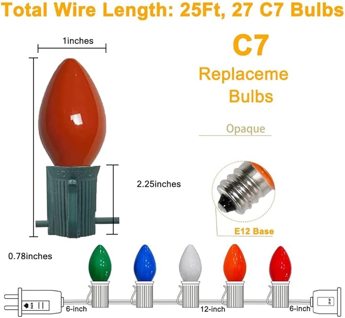 C7 Vintage Christmas String Lights Multicolor, 25FT Outdoor Incandescent Lights with 27 Ceramic Bulbs (2 Spare) | Lumora