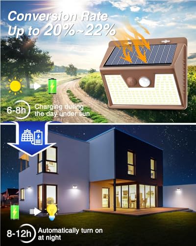 Solar Lights Outdoor Motion Sensor [3 Pack/140LED/Brown], Ultra-Bright 3 Mode Fence Security Light Waterproof, Solar Wall Lighting for Patio Yard Step House Outside