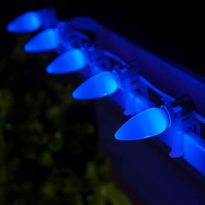 Wintergreen Lighting Set of 50 Blue C9 OptiCore LED String Lights – Commercial Outdoor Heavy Duty Smooth Ceramic Style Bulbs, 18 Gauge White Wire (50 Ft, Blue Smooth/Opaque)