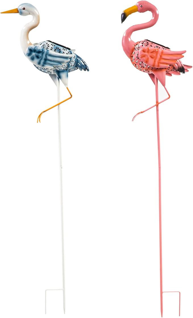 Crosslight Flamingo & Crane Solar Garden Stake | Waterproof LED Decor Light for Yard, Law, Patio, Porch, Pathway | 8 Hours Illumination with Rechargeable Battery Included - 2 Pack