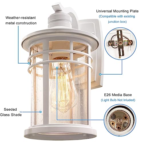 Darkaway Outdoor Porch Lights Wall Mount, Outdoor Light Fixtures Sconces Wall Lighting with Seeded Glass Waterproof Exterior Lights for Patio Yard House Hallway Doorway Garage(2 Pack, White)