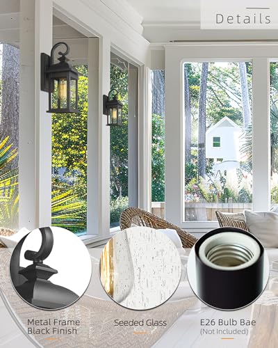 FEMILA Outdoor Wall Sconce, 15" Matte Black Seeded Glass Outdoor Sconce Lights, Front Porch Light Fixtures Wall Mount, Garage Lights for Patio, Entryway, Garden, E26 Base, 4FD54B BK