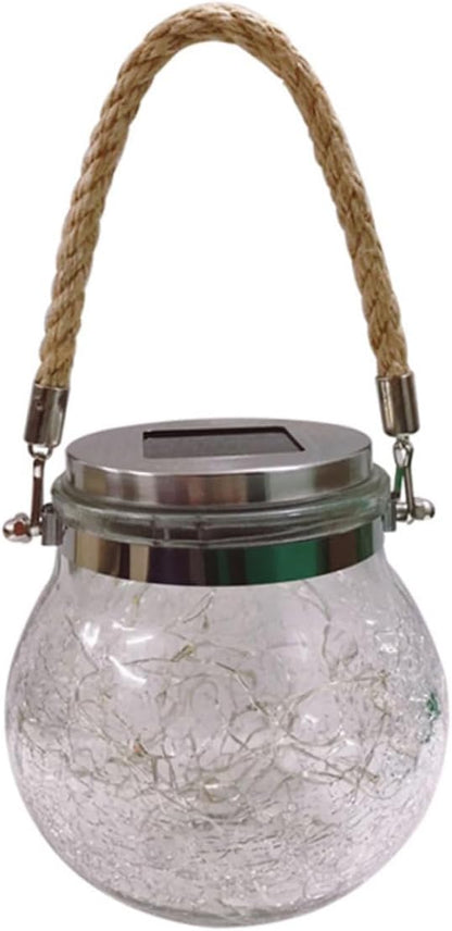 POPETPOP Solar Powered Crackle Glass Jar Lights Hanging Lamps for Outdoor Garden Lawn Patio Decor Unique Blue Light Design with Rope Handle