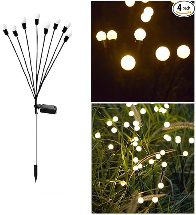 Generic Firefly Solar Lights Outdoor LED Waterproof Solar Powered Pathway Lights for Garden, Patio, Yard, 8 Head Warm White (4), Black