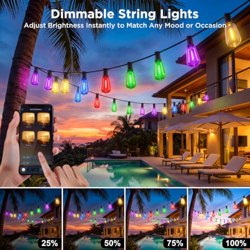 25FT Plug-in String Lights, Fixed 5-Color ST38 Bulbs, Bluetooth & Remote