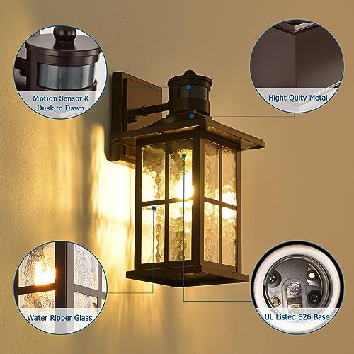 FLEDAVID 2 Pack Motion Sensor Outdoor Wall Lights Dusk to Dawn Exterior Porch Lantern Brown Outside Sconce Lighting Fixtures Rustic Farmhouse Wall Mount Carriage Lamp for House Garage Patio