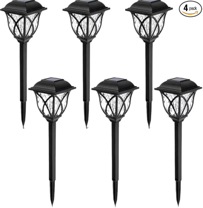 4 Pack Solar Garden Path Lights, LED Landscape Lighting, Decorative Geometric Design, 16.9 inch Height, Black