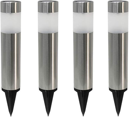 Solar Garden Lights Outdoor Solar Powered Landscape Path Light Stainless Steel Bollard Decorative Lighting Waterproof Solar Stake Light for Garden Lawn Patio Yard Path Walkway,White,4 Pack