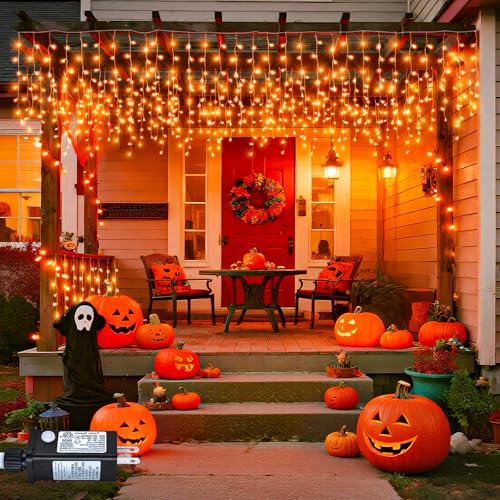 Orange Lights for Halloween, 33ft 400 LED Icicle Lights for Outside Indoor Twinkle Lights with Connectable Clear Wire 8 Modes Timer Waterproof for House Party Tree Holiday Yard Decorations