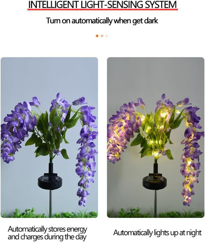 2 Pack Solar Garden Lights Wisteria Flower IP65, Outdoor Waterproof, Warm Light & 2 Lightning Modes, for Gardens, patios, courtyards, and Holiday/Wedding Decorations (Blue & Purple)