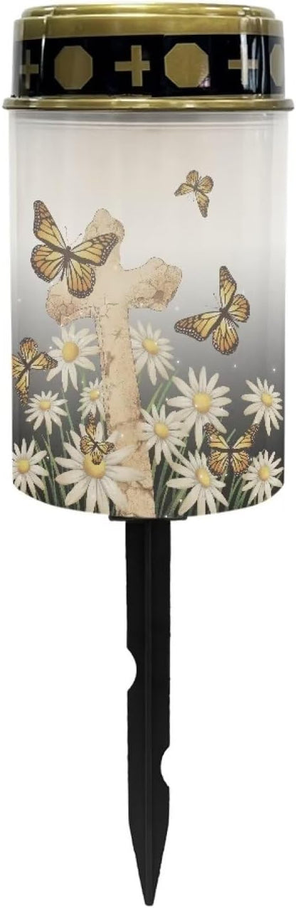 Butterfly Cemetery Solar Lights for Grave Cross Religious Solar Lights Outdoor Waterproof for Graves in Cemetery with Floral Landscape Path Lights Solar LED