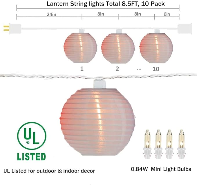 White Lantern String Lights Plug in, 8.5Ft Hanging Indoor Decorative String Lights with 10 Cute White Nylon | Lumora