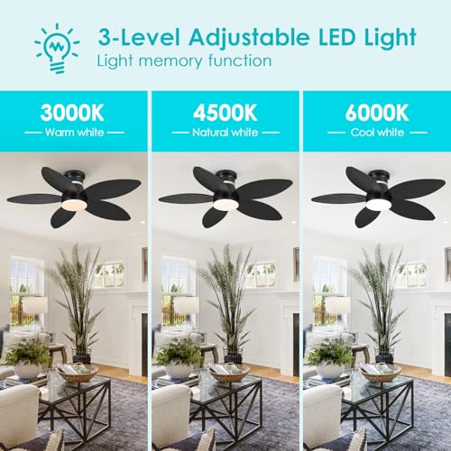 Surtime 46" Black Ceiling Fans with RGB Lights - Flush Mount Ceiling Fan Light with LED 3CCT Dimmable, Tropical Palm Leaf Ceiling Fans for Indoor Party,Covered Outdoor