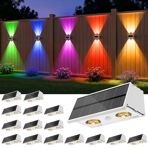 Bridika Solar Fence Lights, 16 Pack Up and Down Solar Lights Outdoor Waterproof, 8 Colors Lens LED Dusk to Dawn Wall Lights for Fence, Patio, Deck, Backyard, Garden White